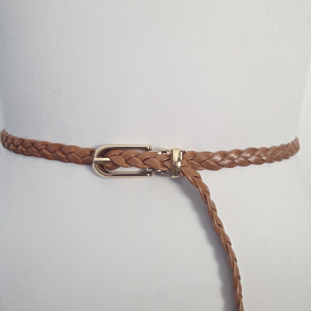 Brown thin braided belt with gold buckle - Picture 4 of 8